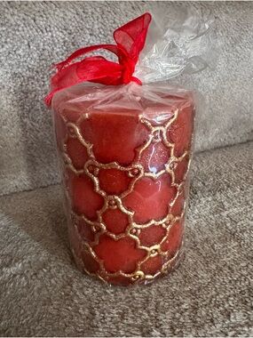 Red Decorative Pillar Candle with Gold Trellis Accent